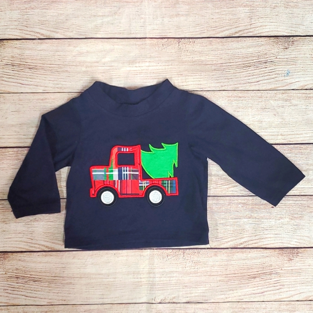 Smocked Polkadot Christmas Applique Shirt Navy with Plaid Truck EUC 0-3 Months